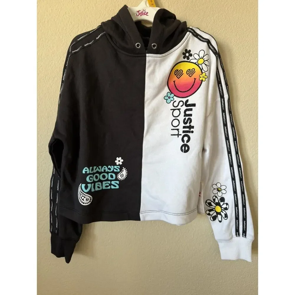 Justice Black White Glitter Logo Daisy Happy Face Pullover Hoodie Size L 12/14